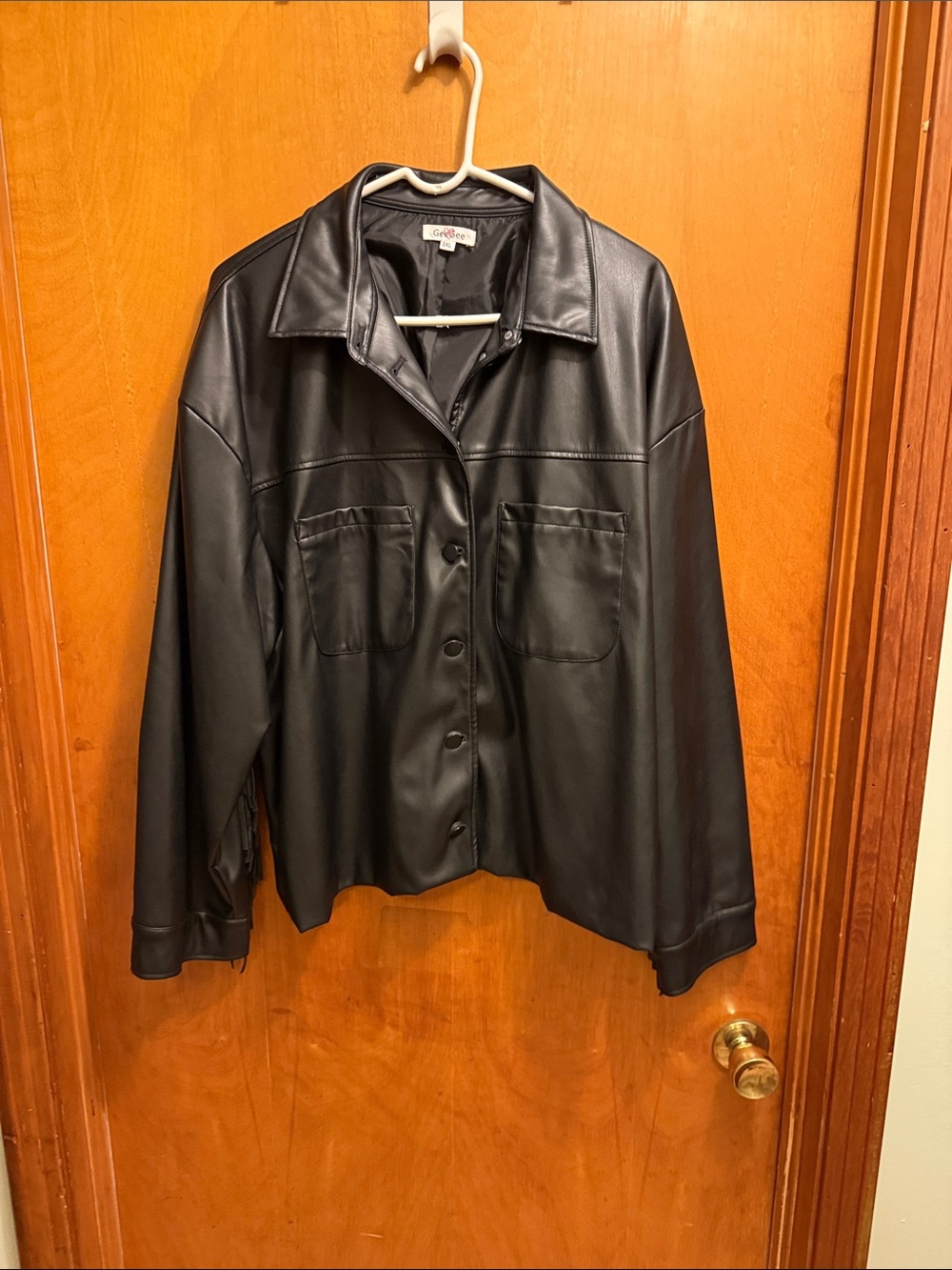Black Leather like Button-Front Jacket with  fringe